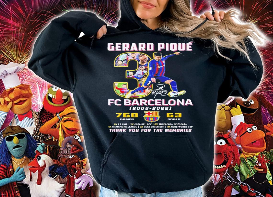 Gerard Pique FC Barcelona 2008 2022 768 ganes 63 goals thank you for the memories shirt t-shirt hoodie