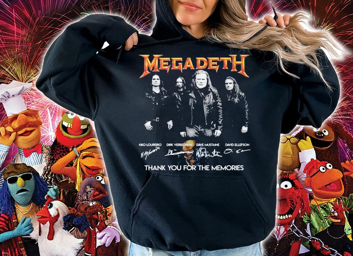 Mega Deth Kiko Loureiro Dirk Verbeuren Dave Mustaine David Ellefson signatures shirt t-shirt hoodie