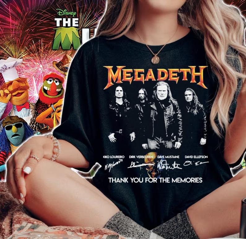 Mega Deth Kiko Loureiro Dirk Verbeuren Dave Mustaine David Ellefson signatures shirt t-shirt woman shirt
