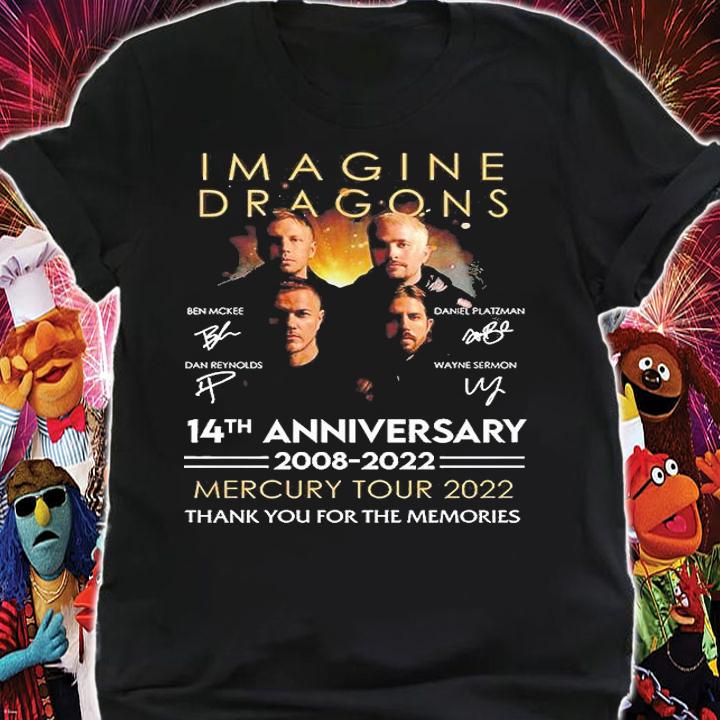 Imagine Dragons 14th Anniversary 2008 2022 Mercury Tour 2022 Thank You For The Memories Signatures T-Shirt t-shirt shirt