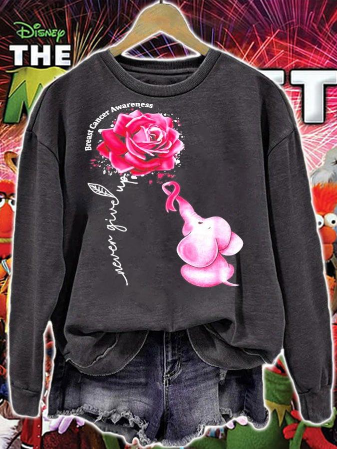 Never Give Up Breast Cancer Awareness flower and Elephant shirt