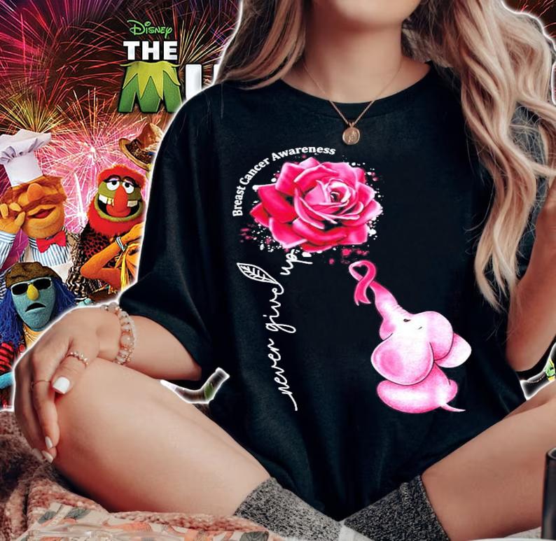 Never Give Up Breast Cancer Awareness flower and Elephant shirt