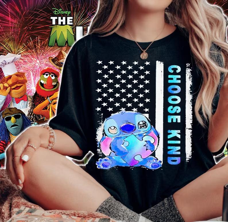 Disney Stitch hug autism choose kind American flag T-shirt woman shirt