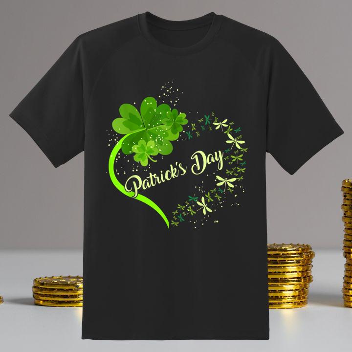 Love Dragonfly Irish Shamrock St. Patricks Day Clover Heart T-Shirt