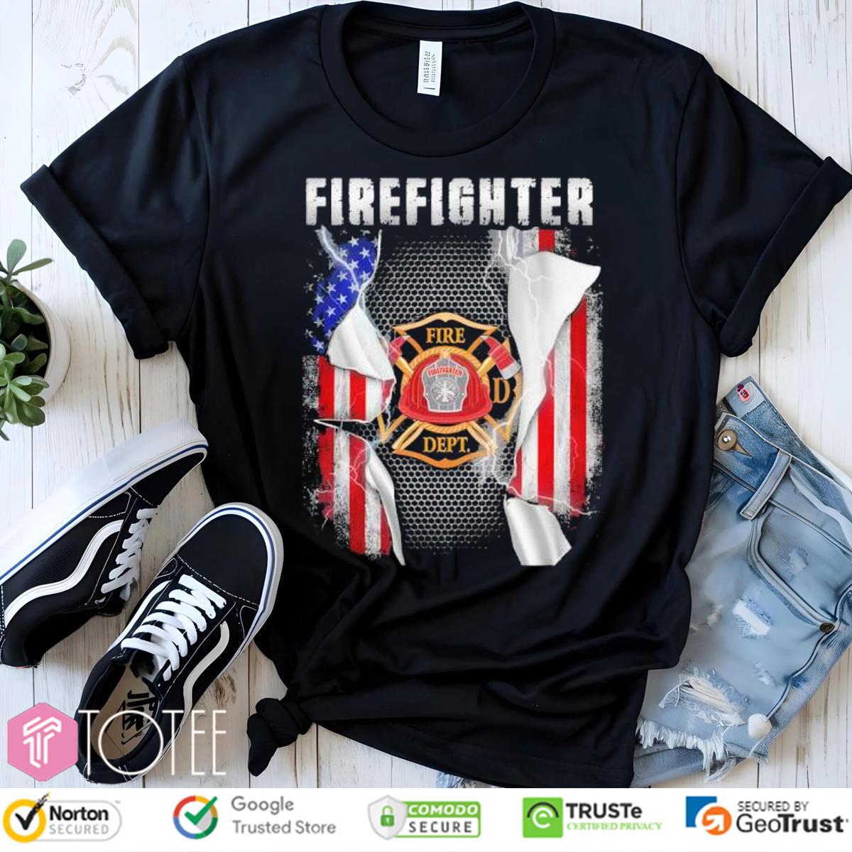 Proud Firefighter Fire Dept Logo USA Flag T-Shirt