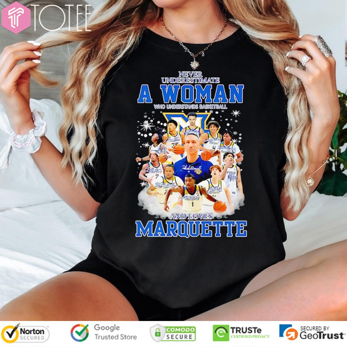 Never Underestimate A Woman Who Loves Marquette Basketball Coach & Players T-Shirt