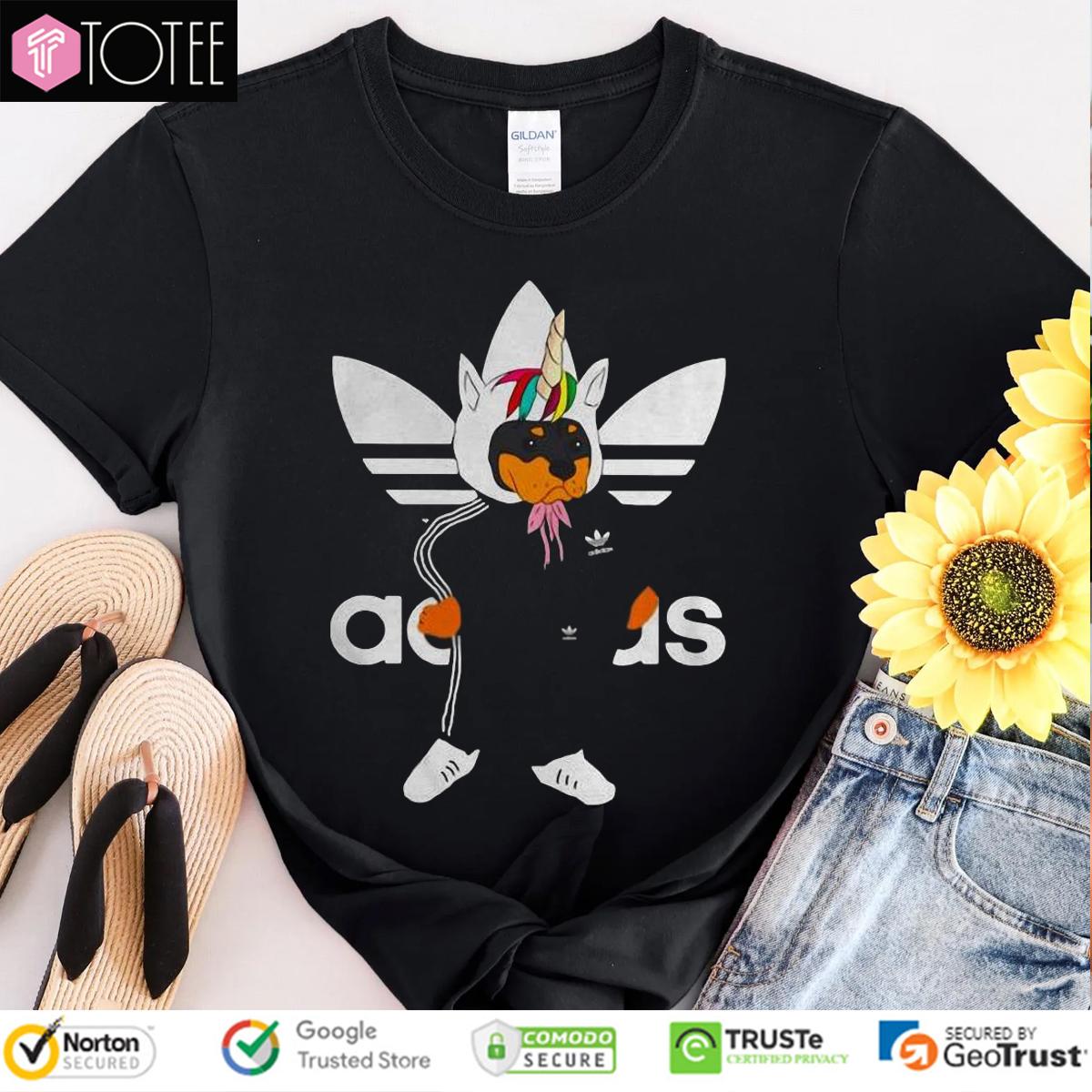 Rottweiler Wearing Unicorn Hat Parody Adidas Logo T-Shirt